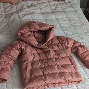 Patagonia Orange Down Puffer Jacket with Hood and Quilted Design